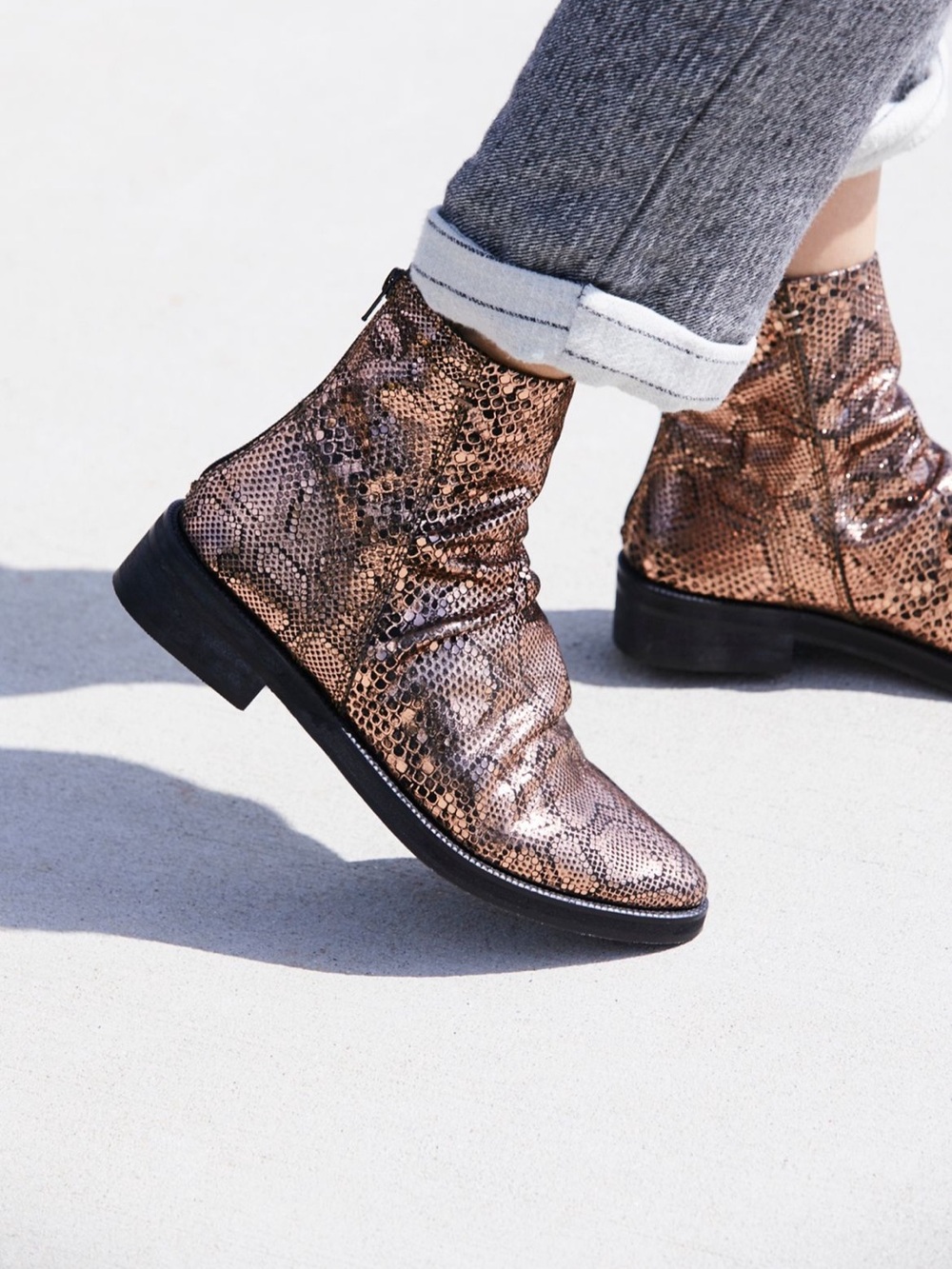 Free people amarone bronze snakeskin print ruched stacked heel ankle boot sz 8